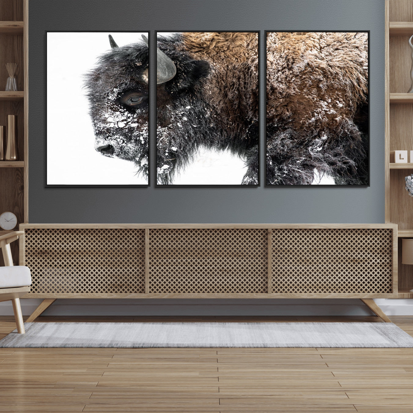 24304-MGV-FC-60X30-3P_Black-American Bison Wall Art Print – Majestic Buffalo Canvas Print, Framed Wildlife Wall Decor for Living Room or Office