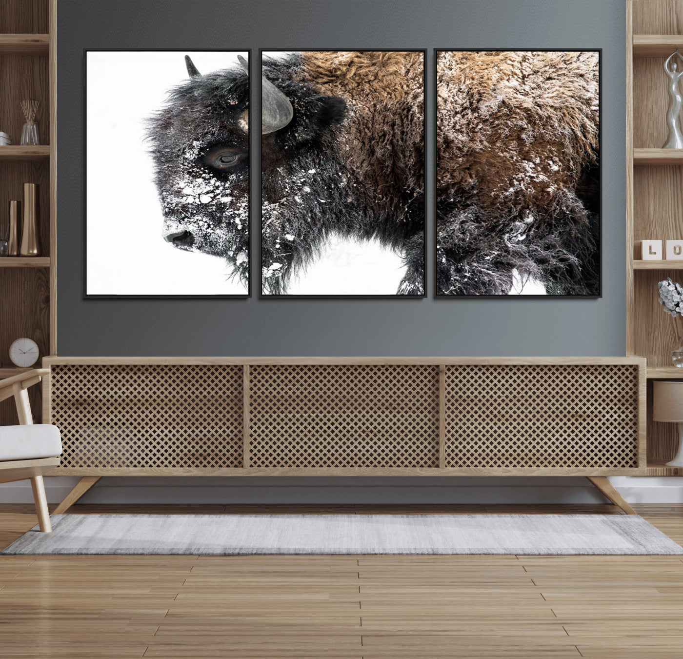 24304-MGV-FC-60X30-3P_Black-American Bison Wall Art Print – Majestic Buffalo Canvas Print, Framed Wildlife Wall Decor for Living Room or Office