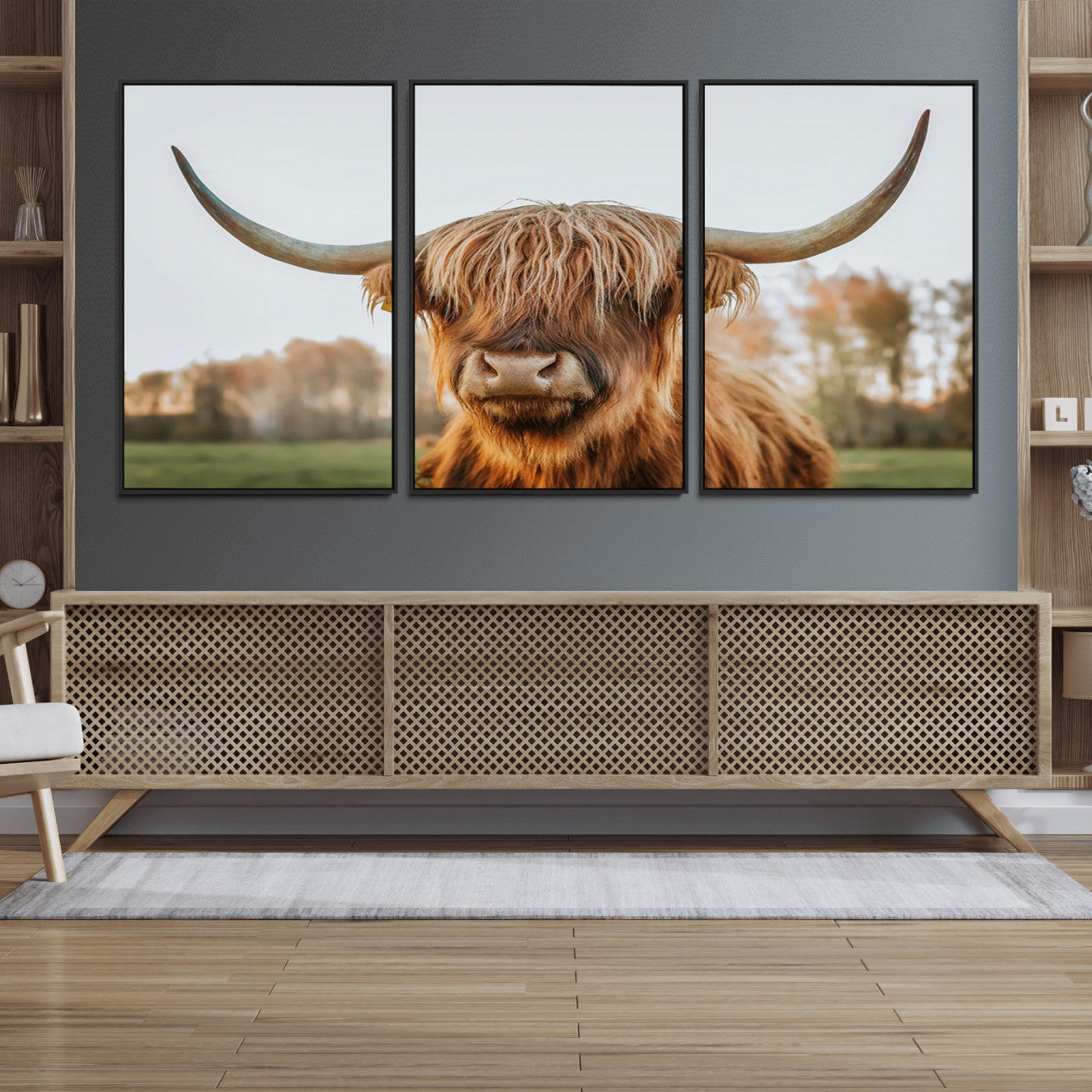 41121-MGV-FC-60X30-3P_Black-Highland Cow Animal Scottish Cattle Art Print Farmhouse Wall Art Canvas Print