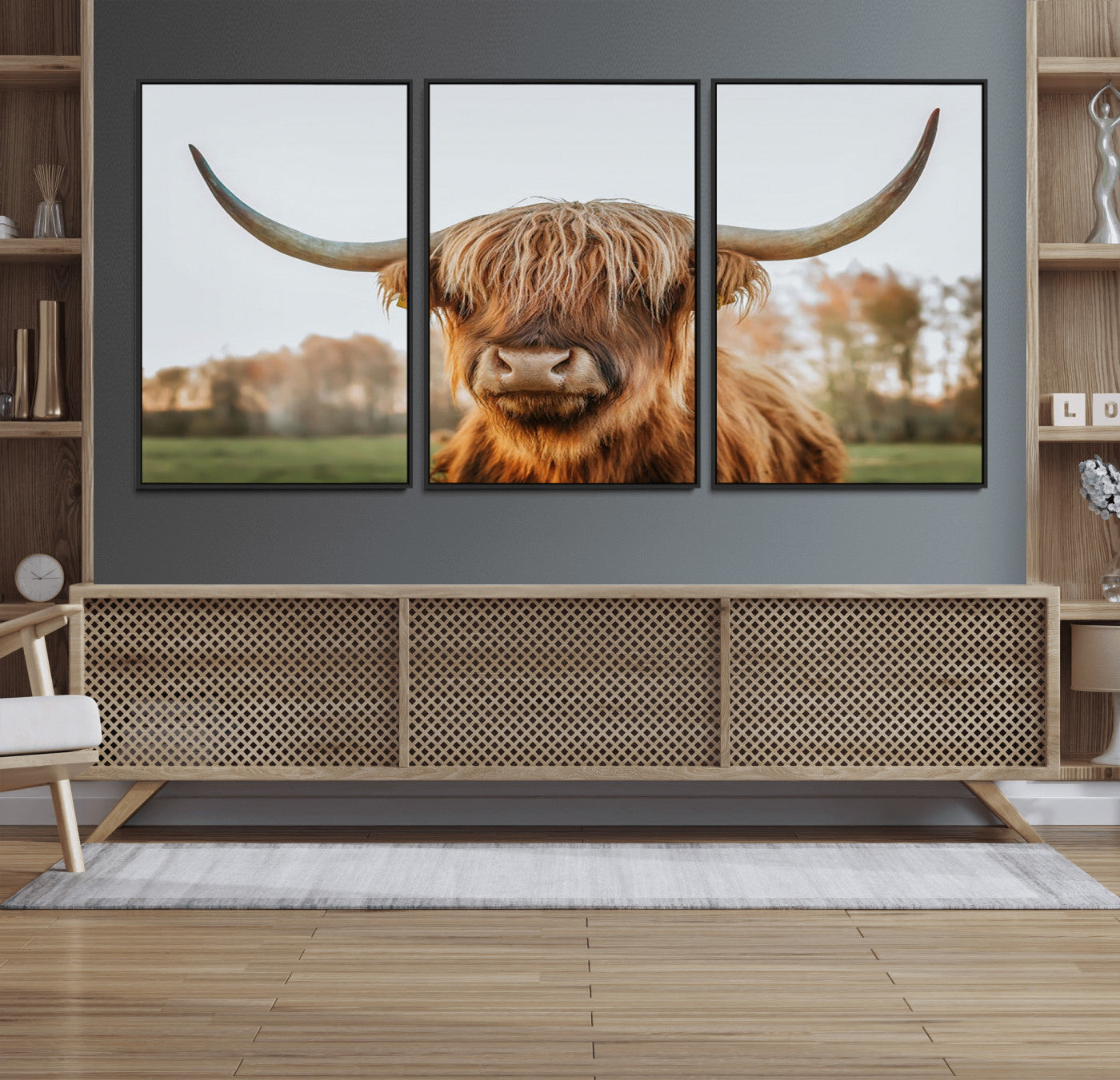 41121-MGV-FC-60X30-3P_Black-Highland Cow Animal Scottish Cattle Art Print Farmhouse Wall Art Canvas Print
