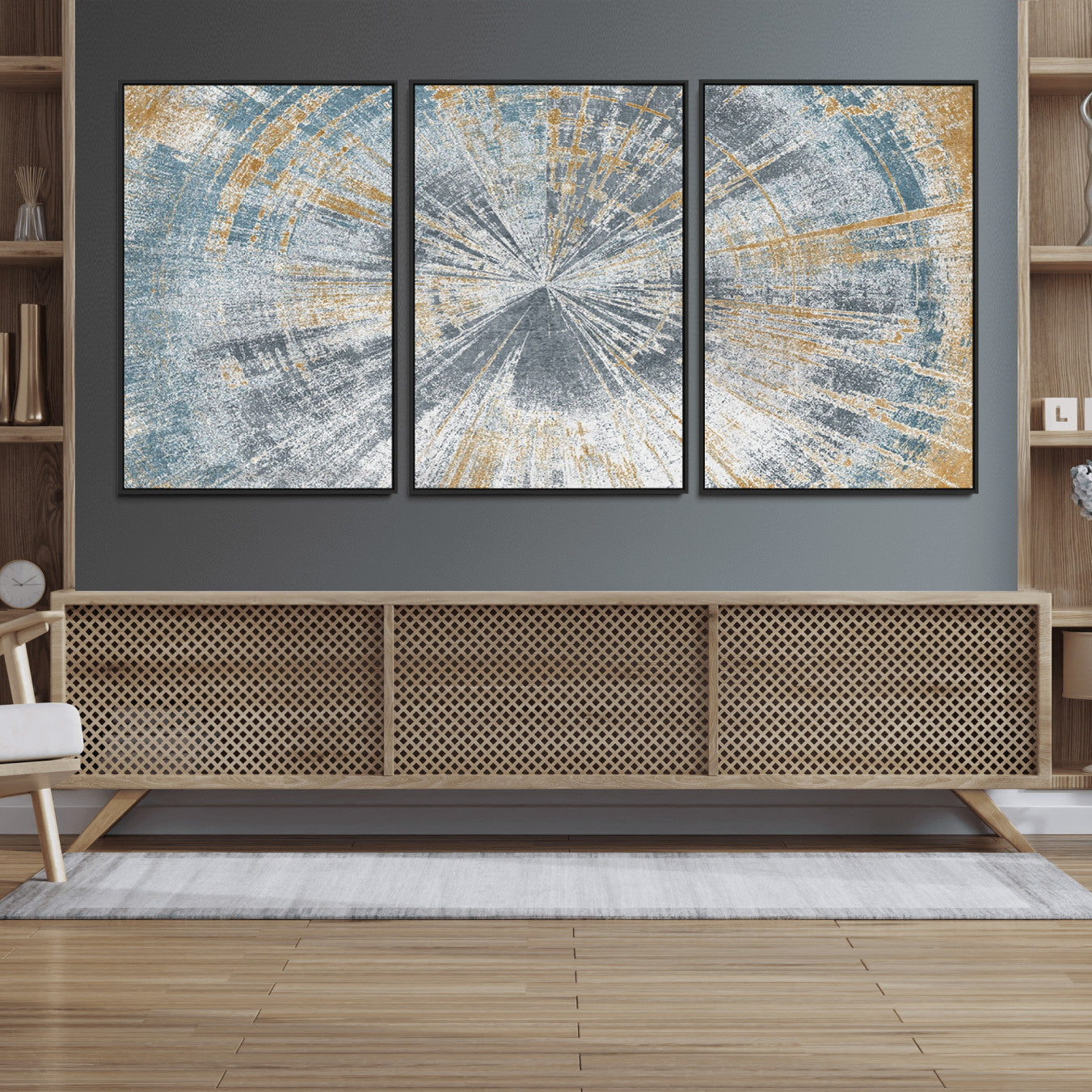 17631-MGV-FC-60X30-3P_Black-Radiant Abstract Wood Rings Canvas Art – Modern Triptych Wall Decor for Living Room or Farmhouse