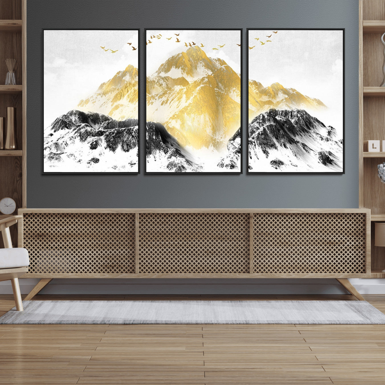 37733-MGV-FC-60X30-3P_Black-Golden Mountain Triptych Wall Art Canvas Print, Modern Giclee Canvas Print, Nature Landscape Decor