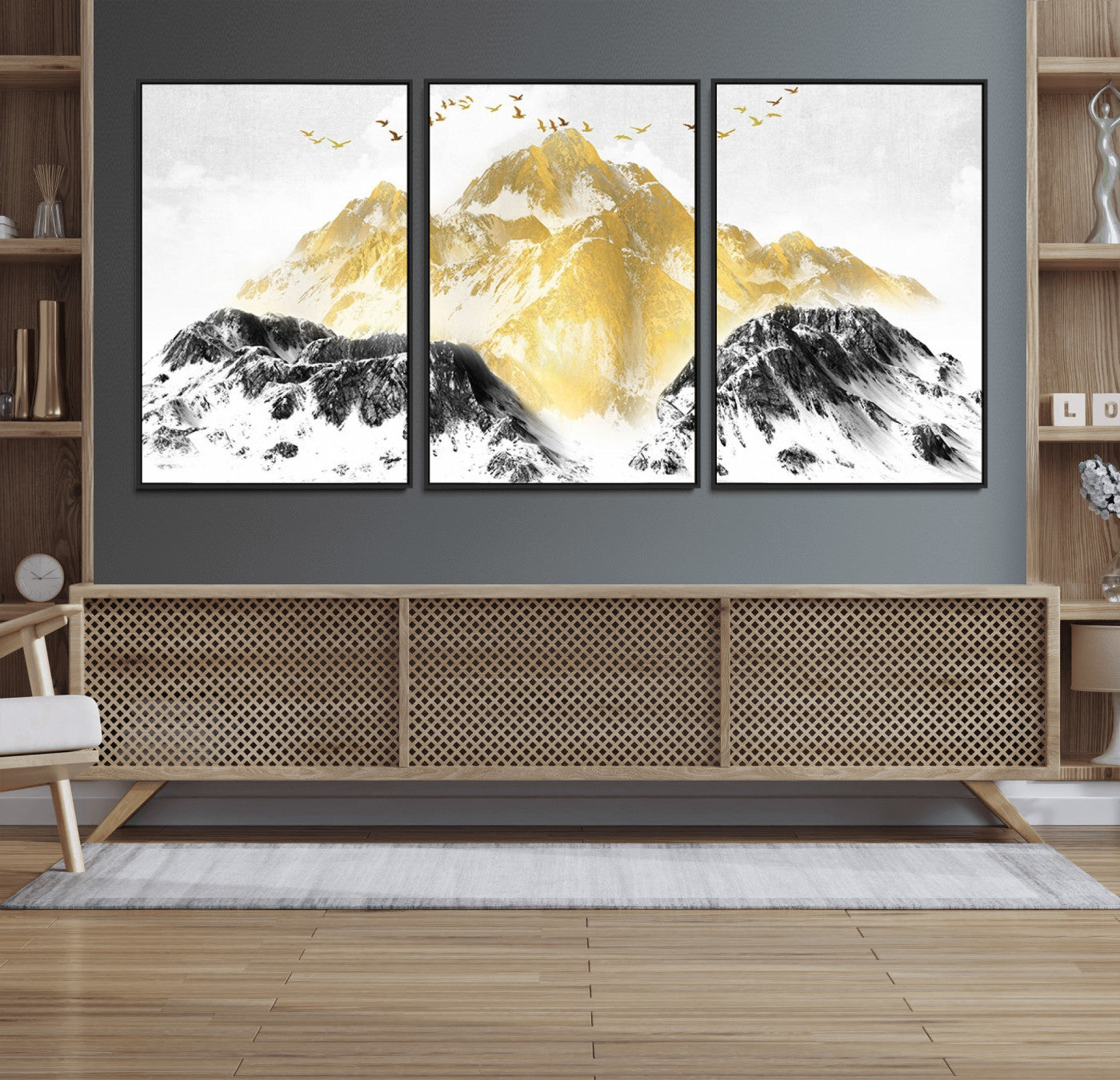 37733-MGV-FC-60X30-3P_Black-Golden Mountain Triptych Wall Art Canvas Print, Modern Giclee Canvas Print, Nature Landscape Decor