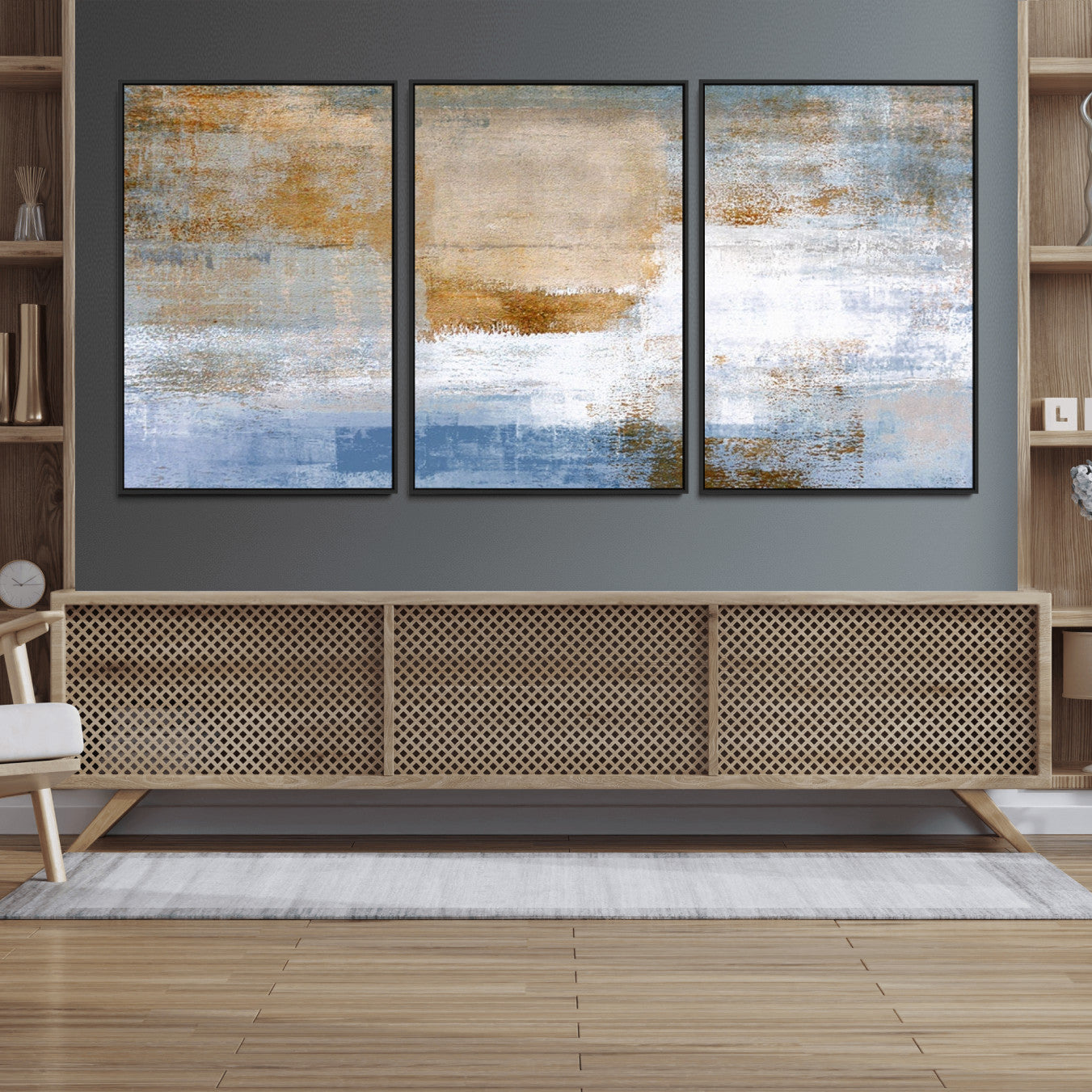 72354-MGV-FC-60X30-3P_Black-Blue Multi Panel Abstract Wall Art Canvas, Abstract Blue and Gold Canvas Print