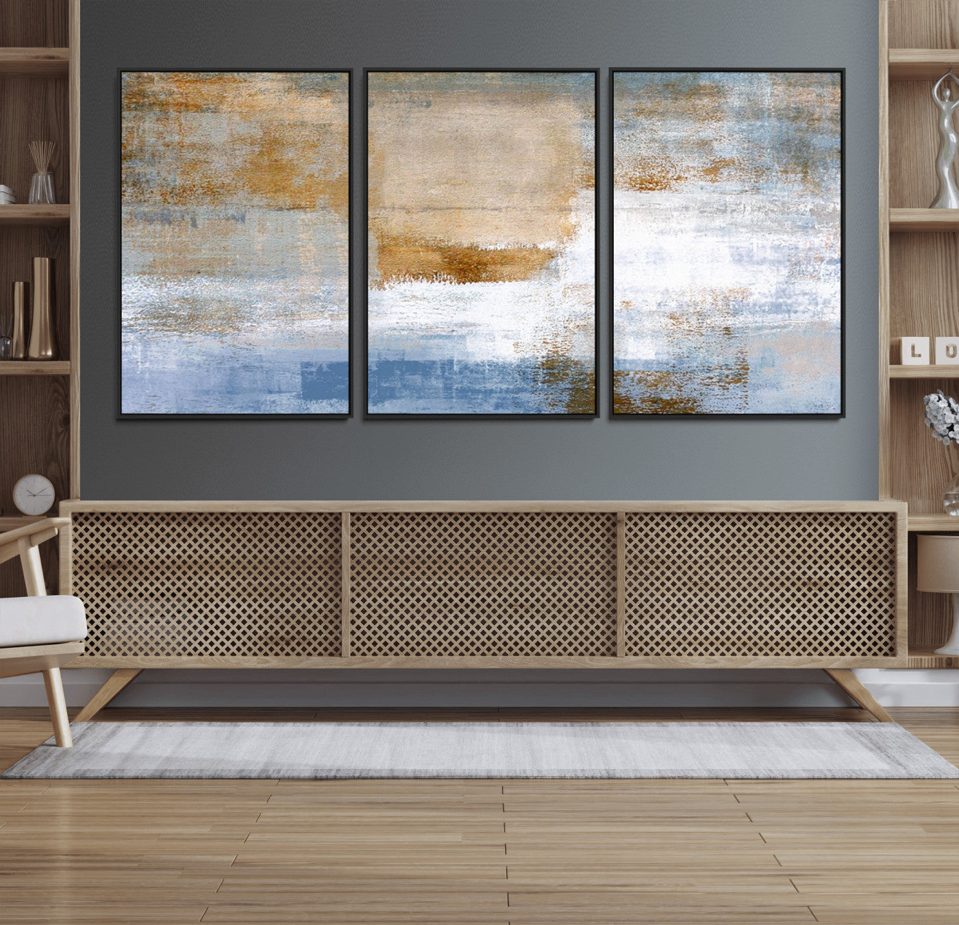 72354-MGV-FC-60X30-3P_Black-Blue Multi Panel Abstract Wall Art Canvas, Abstract Blue and Gold Canvas Print