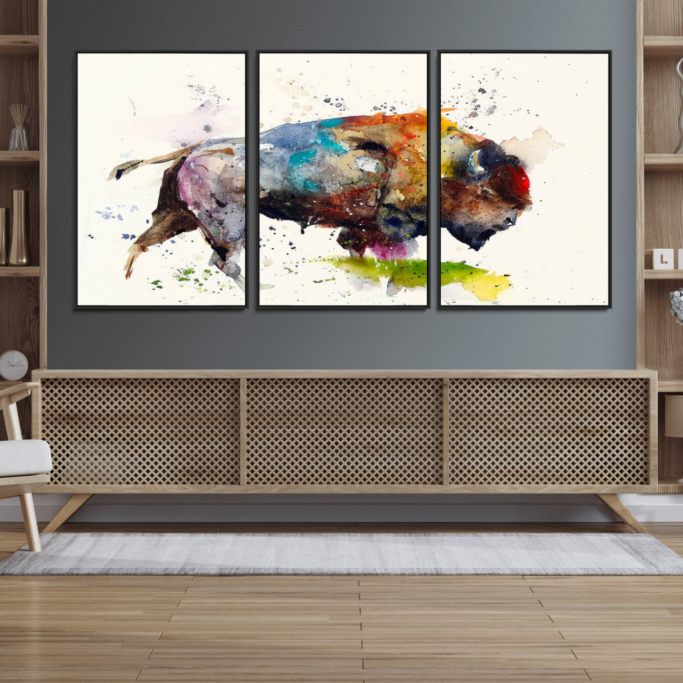 44504-MGV-FC-60X30-3P_Black-Abstract Buffalo Wall Art, Western Watercolor Bison Canvas Print, Rustic Buffalo Art for Cowboy and