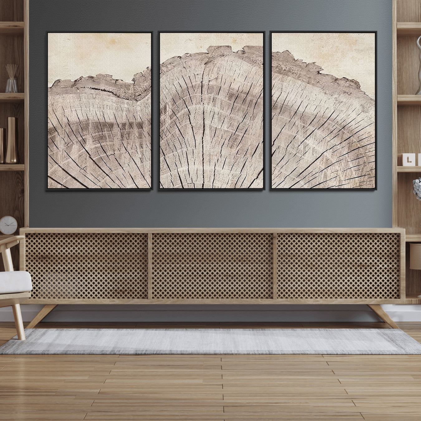 67528-MGV-FC-60X30-3P_Black-Tree Ring Wall Art Triptych, Rustic Wood Ring Canvas Print, Minimalist Wall Decor for Modern Homes
