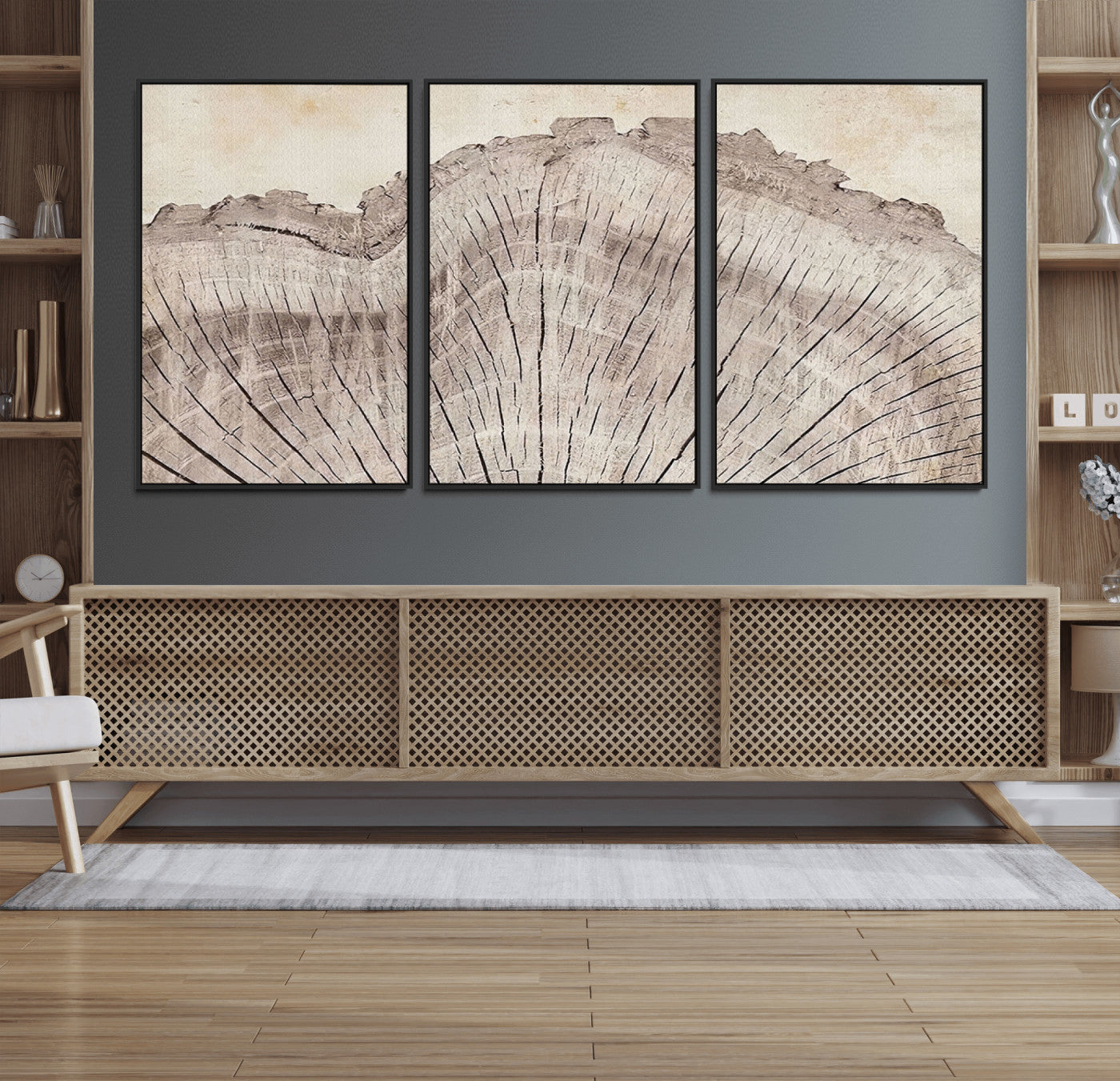 67528-MGV-FC-60X30-3P_Black-Tree Ring Wall Art Triptych, Rustic Wood Ring Canvas Print, Minimalist Wall Decor for Modern Homes