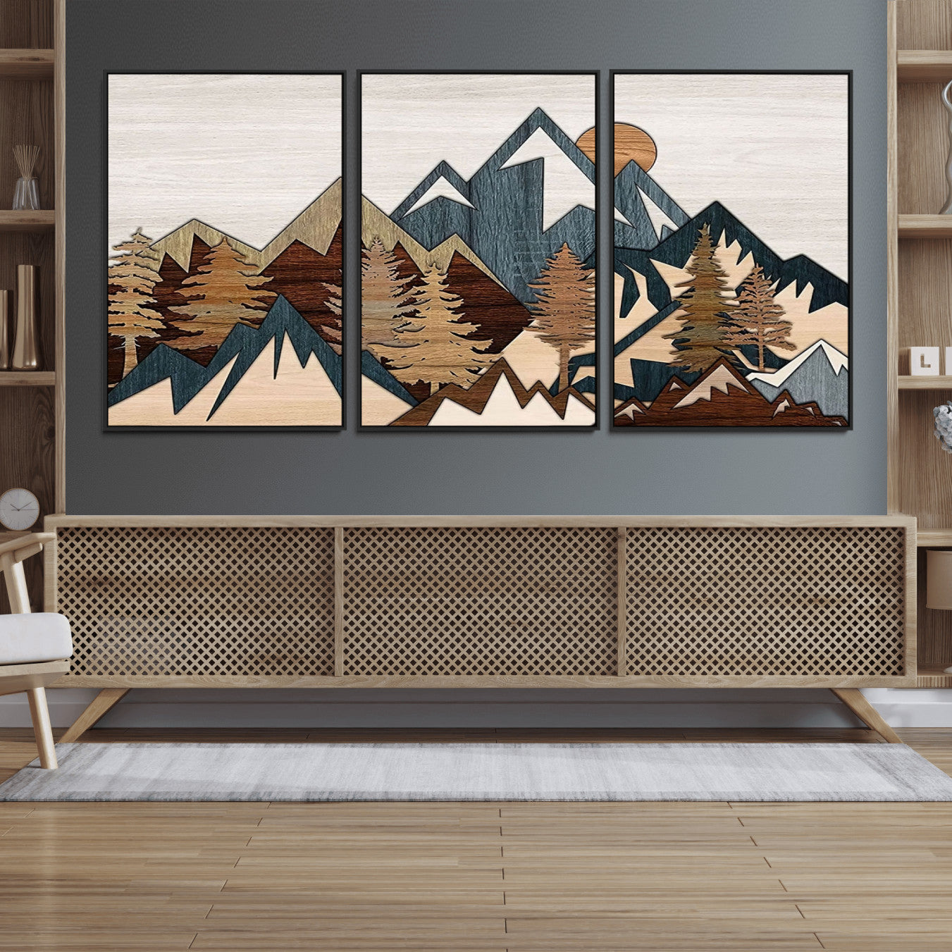 67950-MGV-FC-60X30-3P_Black-Rustic Abstract Wood Panel Effect Canvas Mountain Range Top Wood Wall Art Canvas Print