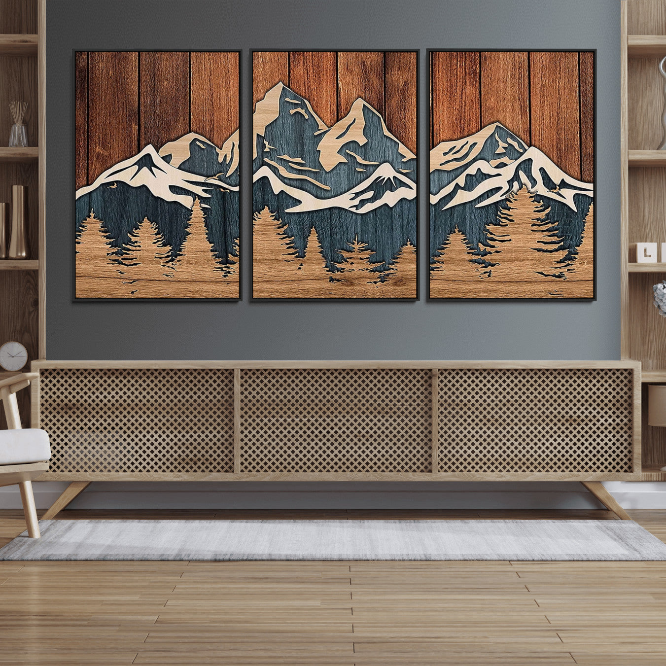 41330-MGV-FC-60X30-3P_Black-Rustic Wood Style Mountain Wall Art, Nature Forest Canvas Print, Wooden Textured Mountain Artwork,
