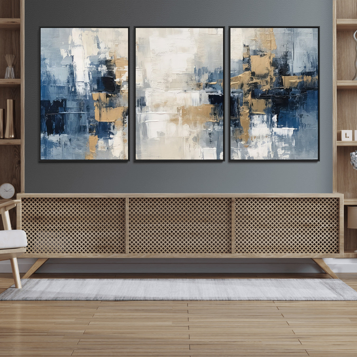 44344-MGV-FC-60X30-3P_Black-Modern Abstract Canvas Wall Art in Blue and Gold Tones | Large Contemporary Art for Living Room,