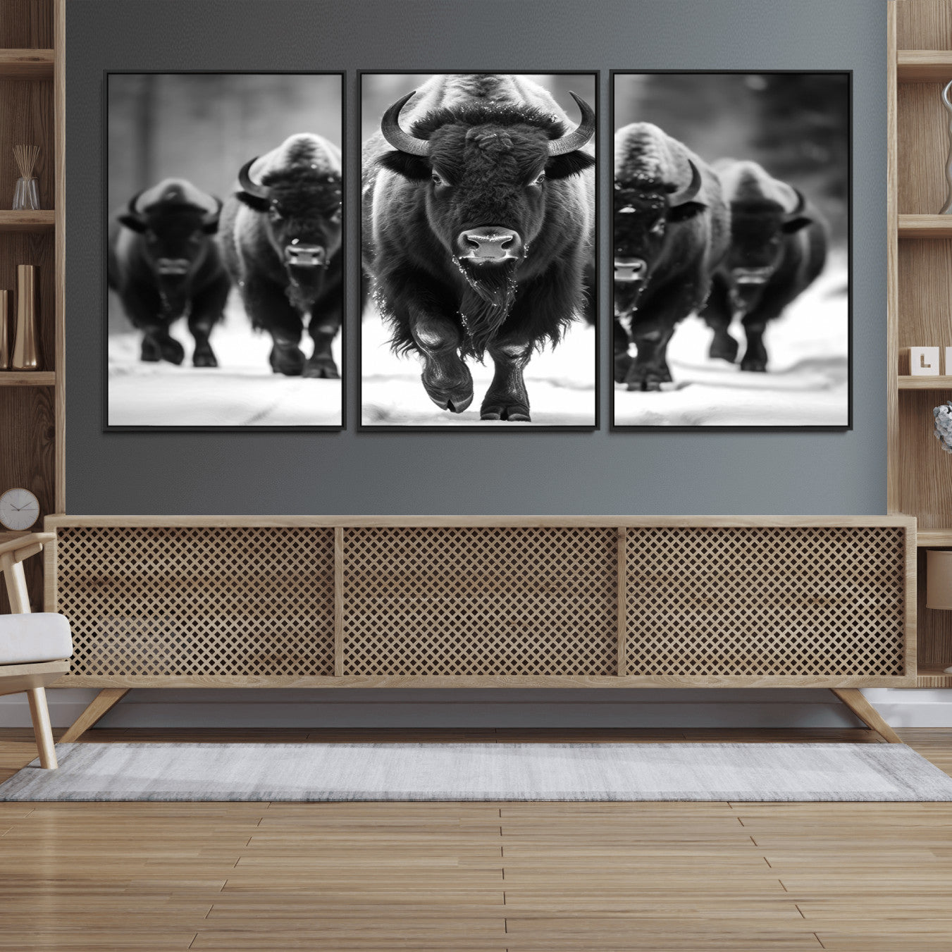 79872-MGV-FC-60X30-3P_Black-American Bison Art | Buffalo Herd Wall Art Canvas Print, BW American Bison Herd Wall Art Canvas