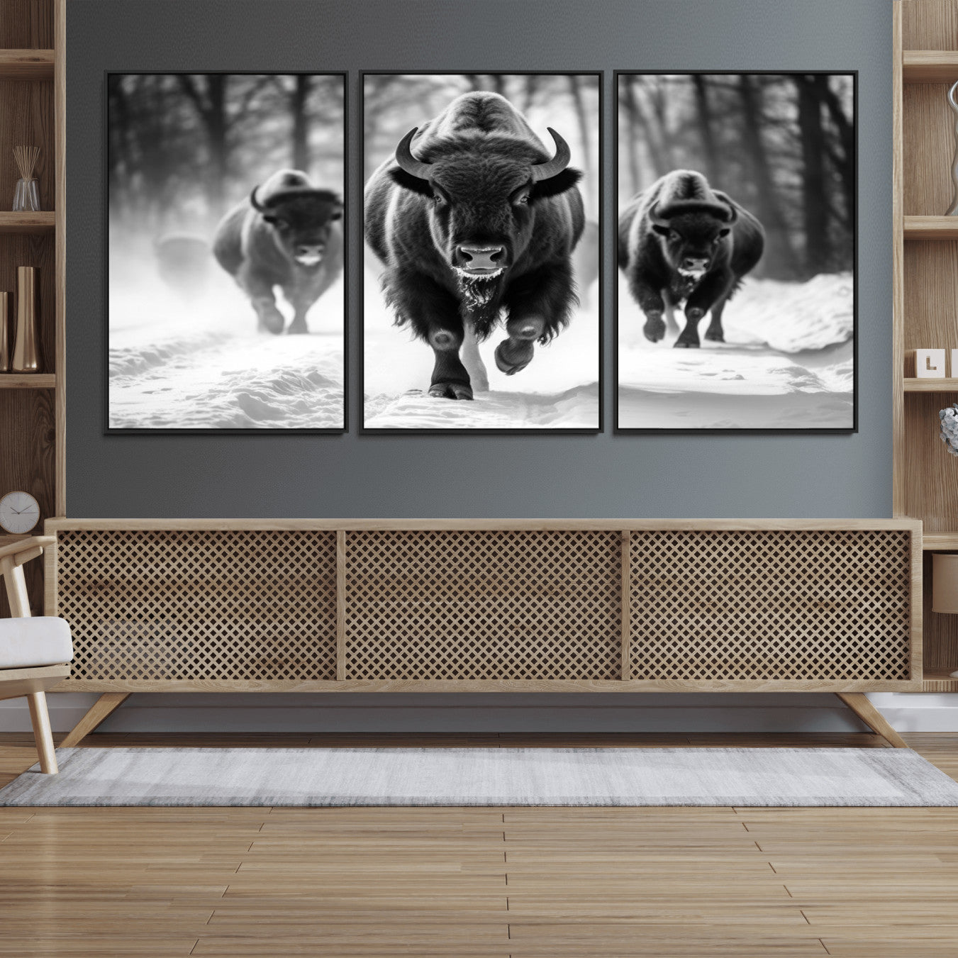 97552-MGV-FC-60X30-3P_Black-Buffalo Wall Art Canvas Print, Bison Family Wall Art Canvas Print