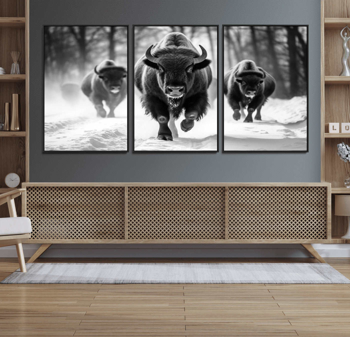 97552-MGV-FC-60X30-3P_Black-Buffalo Wall Art Canvas Print, Bison Family Wall Art Canvas Print