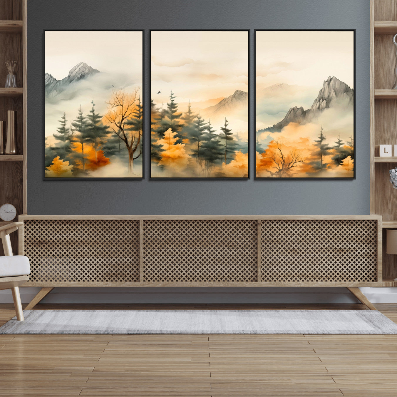 79192-MGV-FC-60X30-3P_Black-Abstract Watercolor Mountains and Trees Autumn Art, Watercolor Mountains and Trees Canvas Print