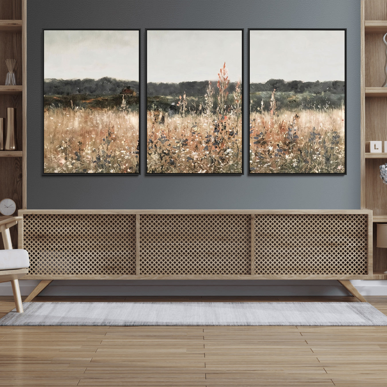 46308-MGV-FC-60X30-3P_Black-Abstract Wildflower Art Field Landscape Oil Painting Print, Country Field Wall Art - Framed Ready to