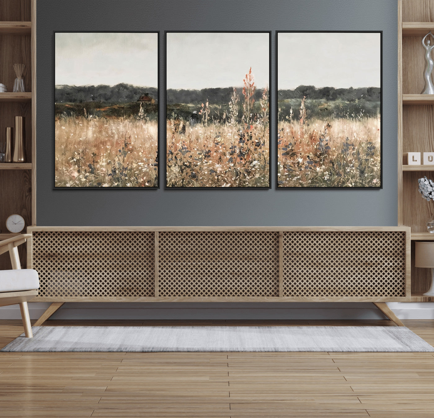 46308-MGV-FC-60X30-3P_Black-Abstract Wildflower Art Field Landscape Oil Painting Print, Country Field Wall Art - Framed Ready to