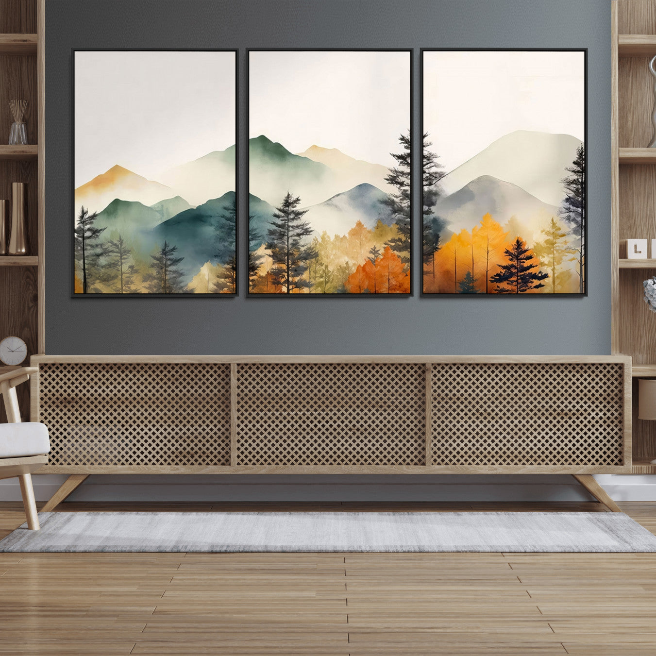 25689-MGV-FC-60X30-3P_Black-Abstract Watercolor Mountains and Trees Autumn Wall Art, Mountains and Trees Autumn Wall Art Canvas