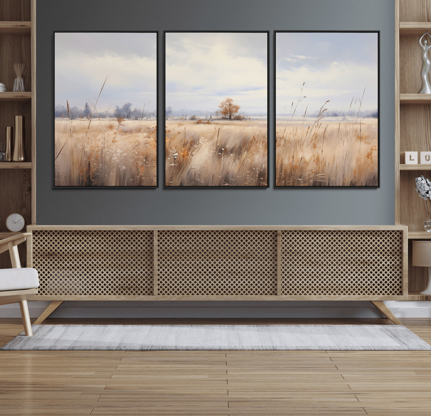 58162-MGV-FC-60X30-3P_Black-Golden Fields Wall Art Print Canvas – Serene Landscape of Nature’s Tranquility in Minimalist for