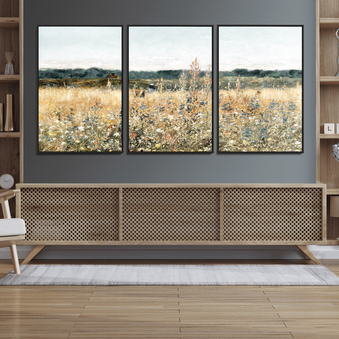 98941-MGV-FC-60X30-3P_Black-Wildflower Field Wall Art Canvas | Nature-Inspired Landscape Canvas Print for Living Room or Office