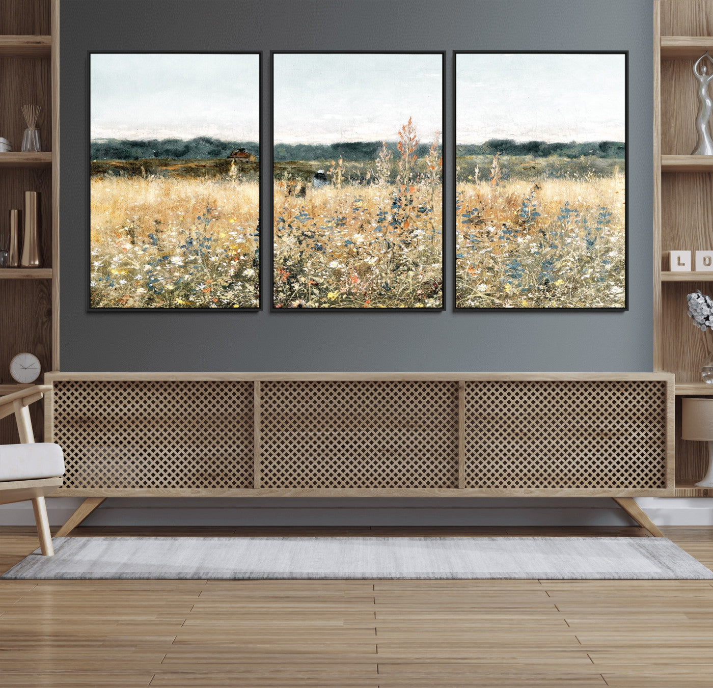 98941-MGV-FC-60X30-3P_Black-Wildflower Field Wall Art Canvas | Nature-Inspired Landscape Canvas Print for Living Room or Office