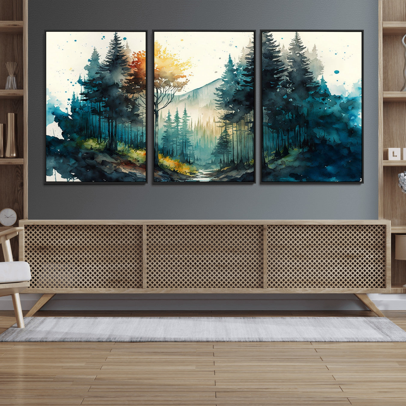 96186-MGV-FC-60X30-3P_Black-Watercolor Trees Forest Abstract Wall Art Canvas Print, Framed Watercolor Trees Wall Art