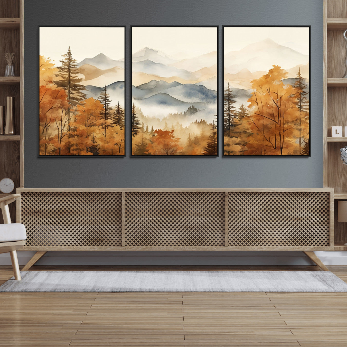 72950-MGV-FC-60X30-3P_Black-Golden Autumn Forest Wall Art Canvas | Mountain Landscape Canvas Print for Living Room or Bedroom |