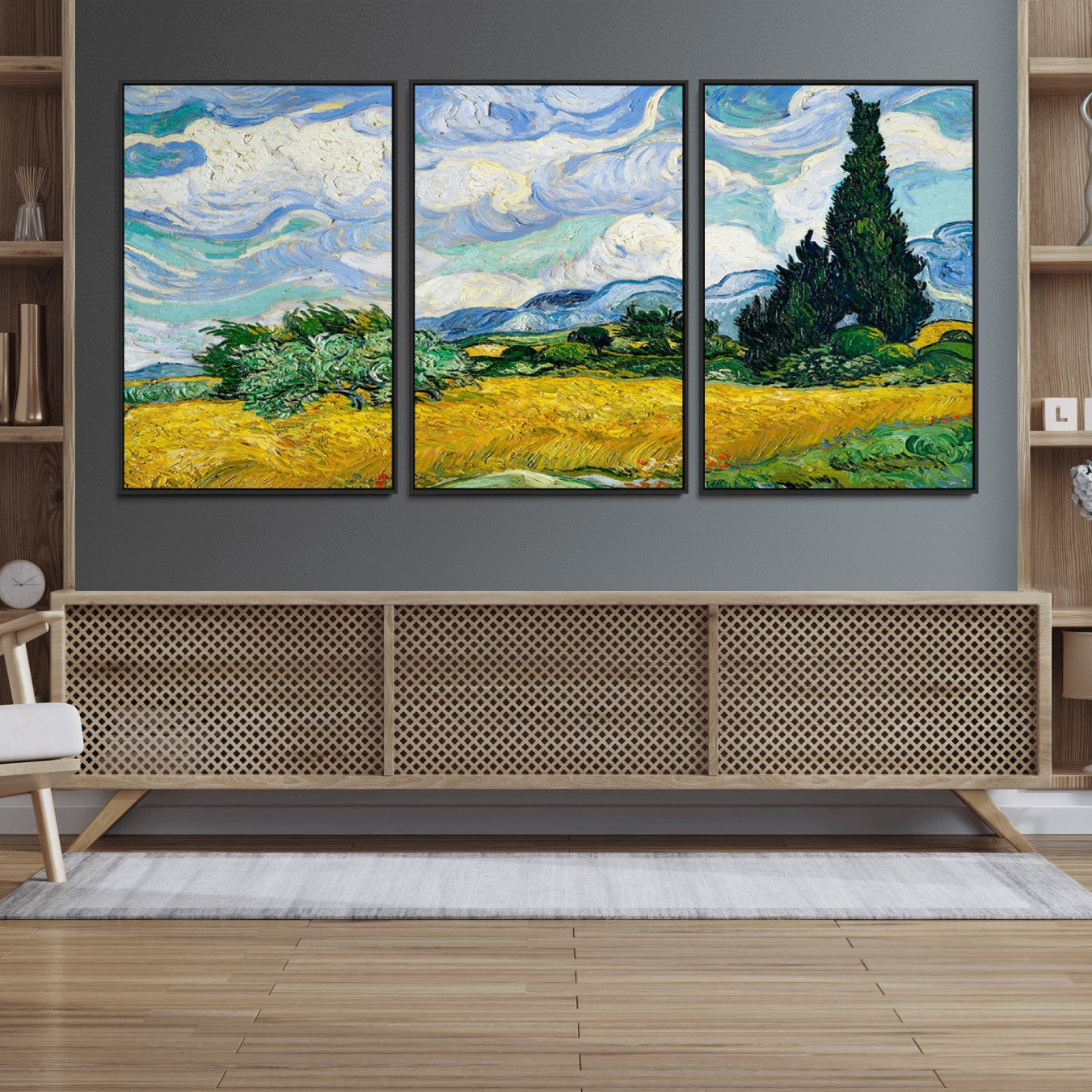 97252-MGV-FC-60X30-3P_Black-Wheatfield With Cypresses By Van Gogh Painting Wall Art Canvas, Wheatfield With Cypresses Canvas