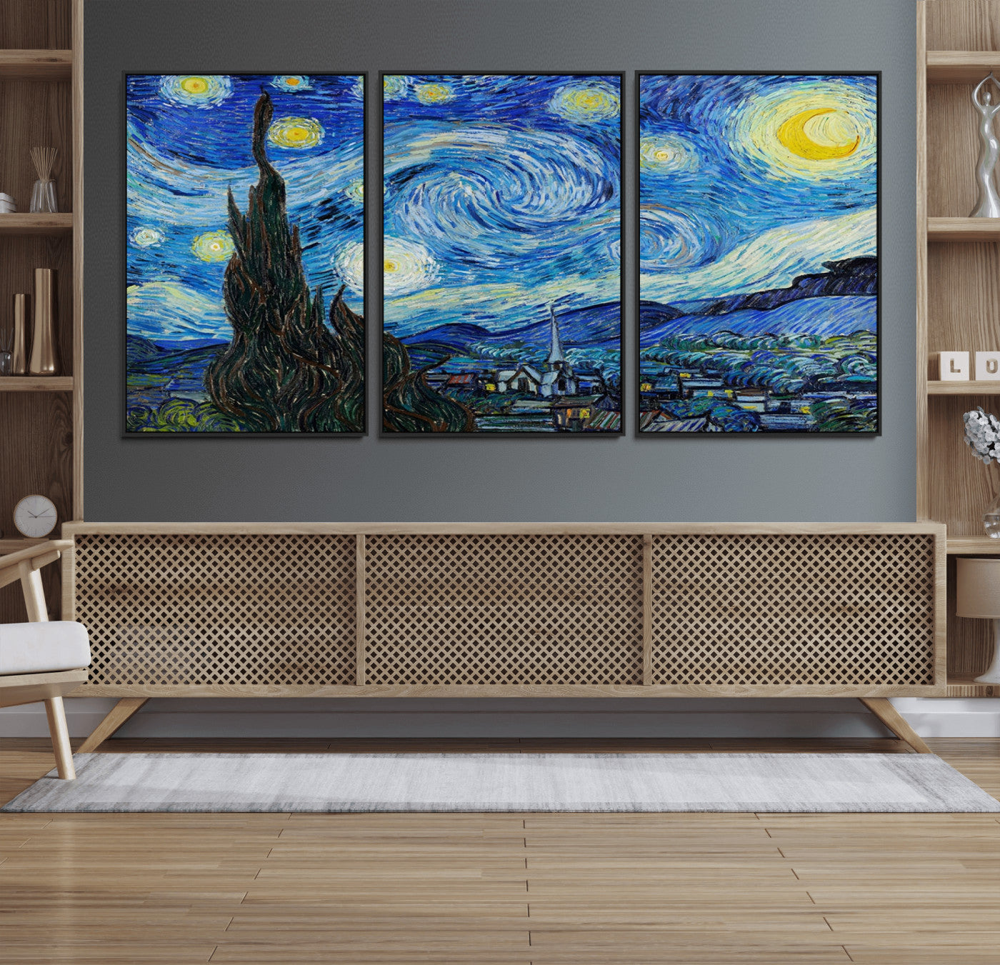 39177-MGV-FC-60X30-3P_Black-Vincent Van Gogh The Starry Night Abstract Wall Art Canvas Print