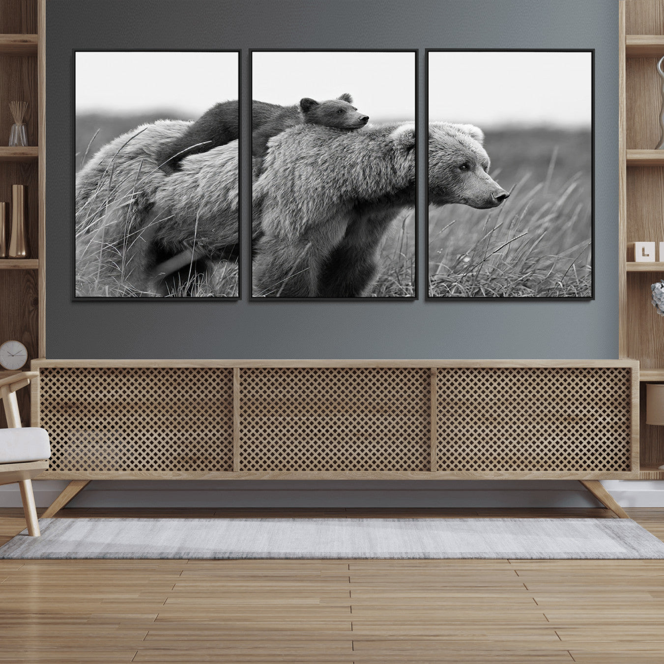 76338-MGV-FC-60X30-3P_Black-Bear and Cub Wall Art Canvas | 399 Bear Cub Wildlife-Inspired Animal Art for Living Room or Office |