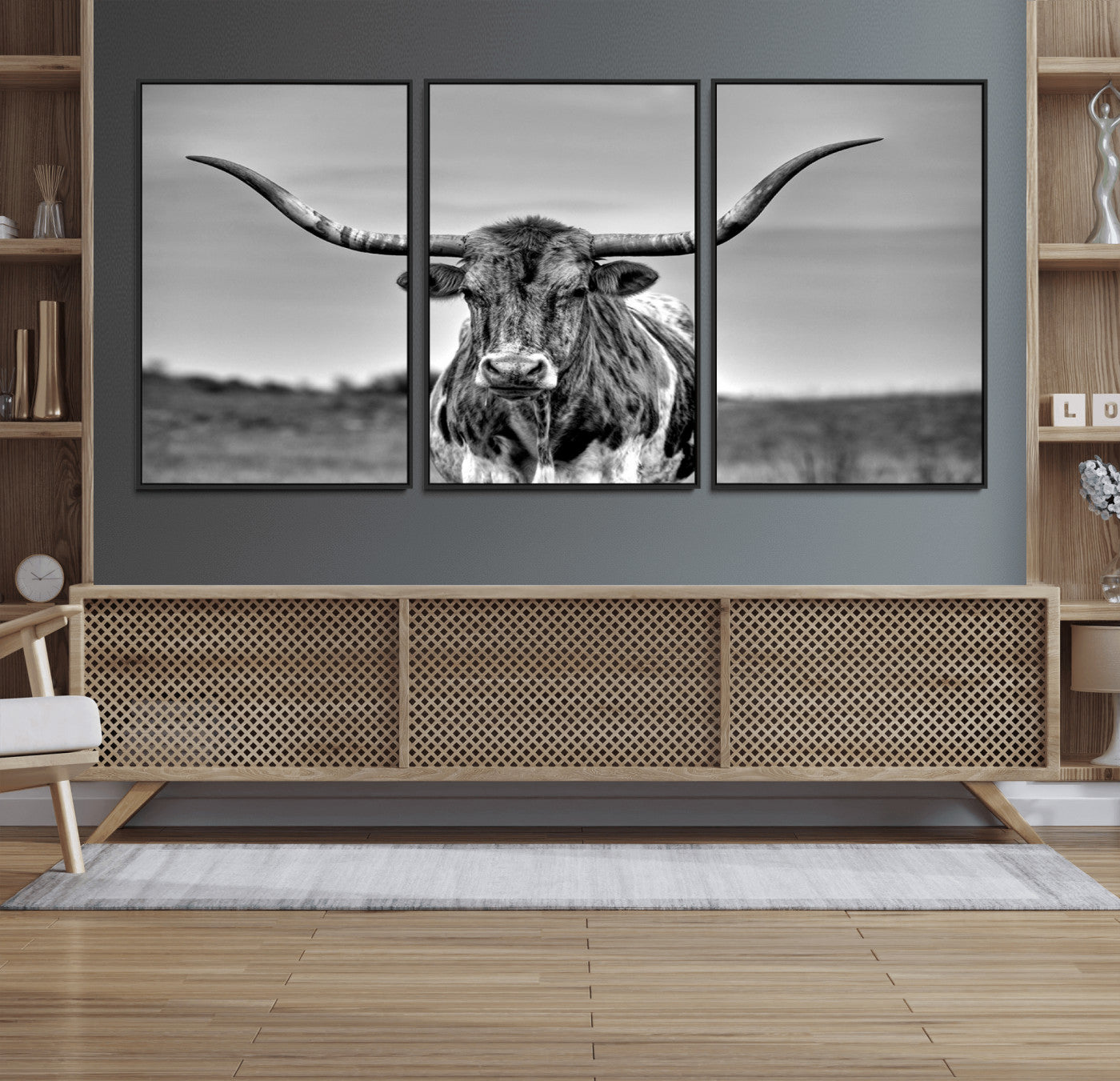 70836-MGV-FC-60X30-3P_Black-Texas Longhorn Cow Wall Art, Texas Longhorn Canvas, Cattle Canvas Print