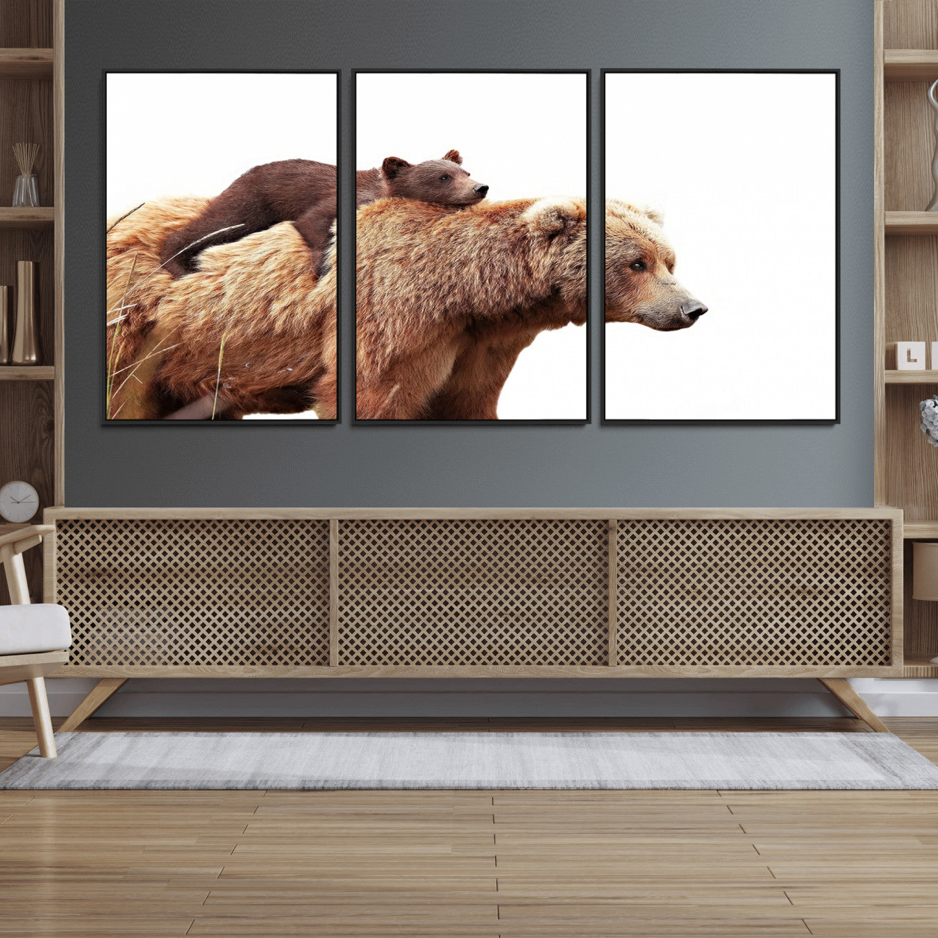 76943-MGV-FC-60X30-3P_Black-Mother and Baby Bear Canvas Wall Art - Adorable Wildlife Animal Print, Cozy Rustic Decor for Living