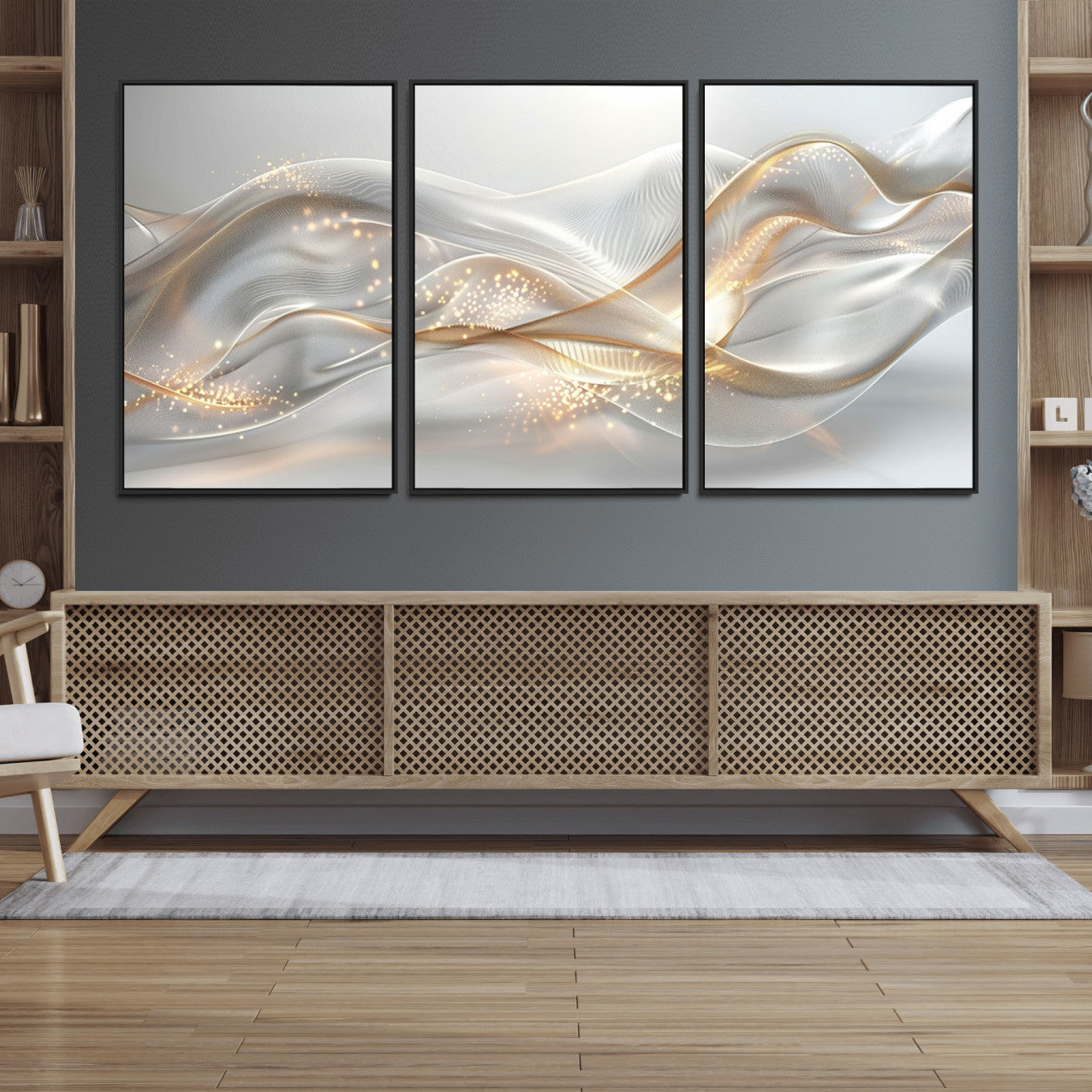 Lines2-MGV-FC-60X30-3P_Black-Abstract art Grey and Gold Lines Wall Art