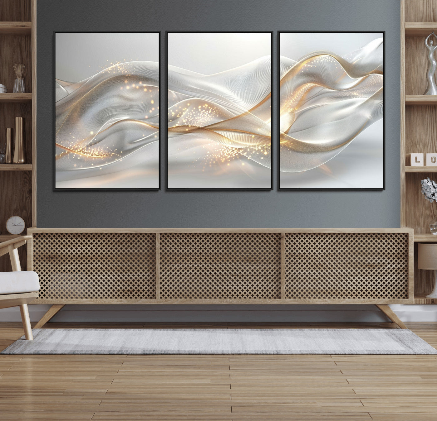 Lines2-MGV-FC-60X30-3P_Black-Abstract art Grey and Gold Lines Wall Art