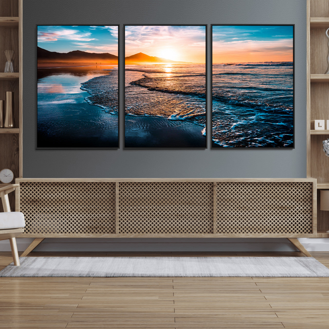 26494-MGV-FC-60X30-3P_Black-Sunset Beach Ocean Canvas Wall Art – Tranquil Ocean Reflections at Dusk – Ready to Hang