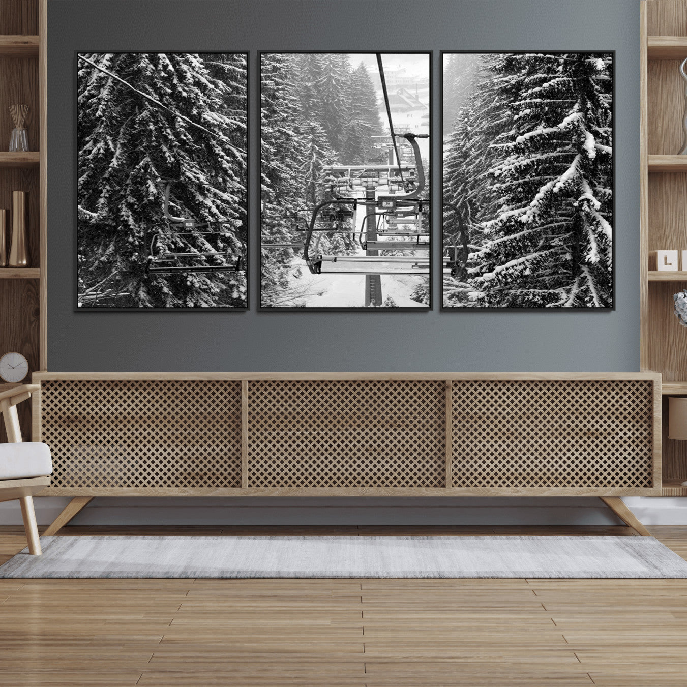 19240-MGV-FC-60X30-3P_Black-Winter Ski Lift Black and White Canvas Wall Art – Alpine Escape in Minimalist Style – Winter Ski