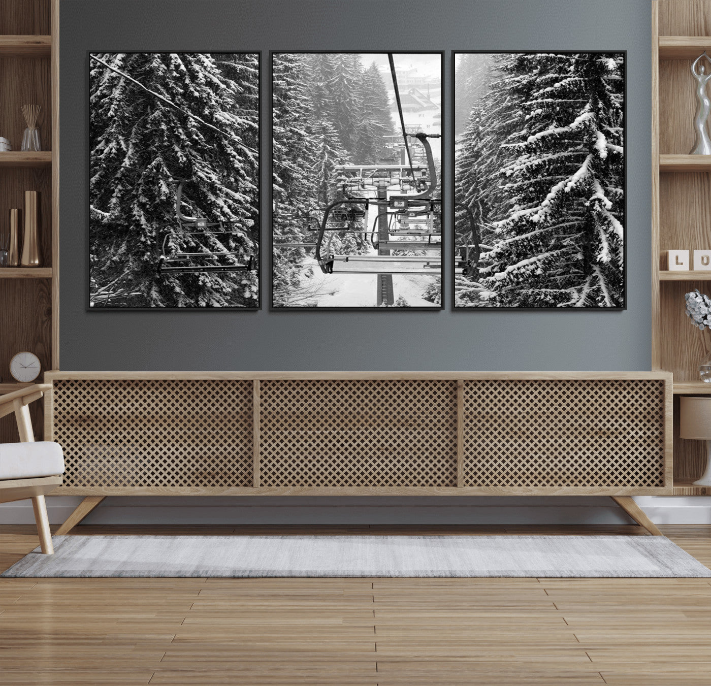 19240-MGV-FC-60X30-3P_Black-Winter Ski Lift Black and White Canvas Wall Art – Alpine Escape in Minimalist Style – Winter Ski