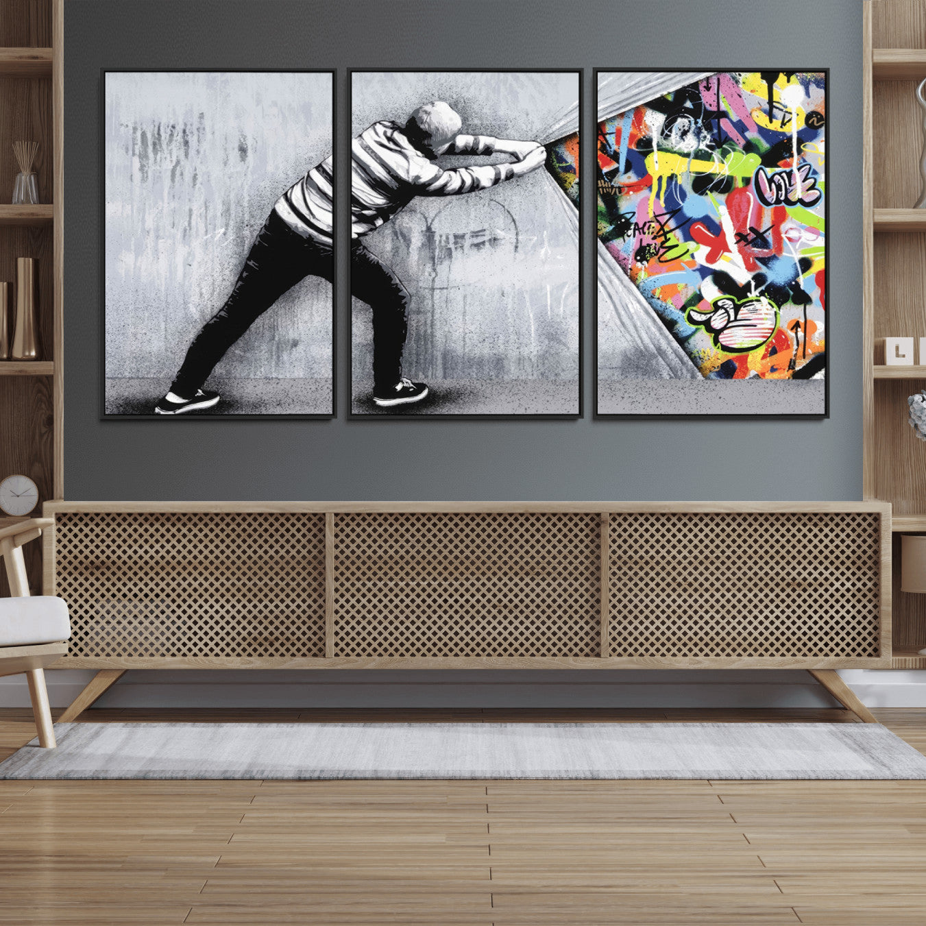 52252-MGV-FC-60X30-3P_Black-Banksy Art Behind the Curtain Street Wall Art Canvas Print | 3-Panel Urban Graffiti-Inspired Wall