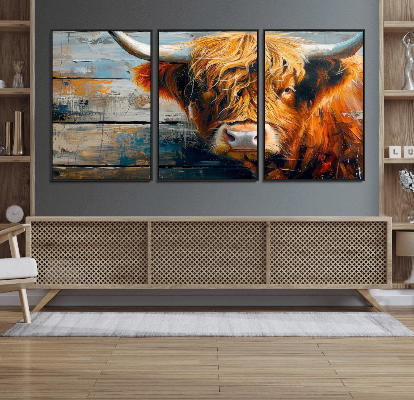 92312-MGV-FC-60X30-3P_Black-Highland Cow Abstract Canvas Wall Art – Bold Farmhouse Rustic Decor – Ready to Hang