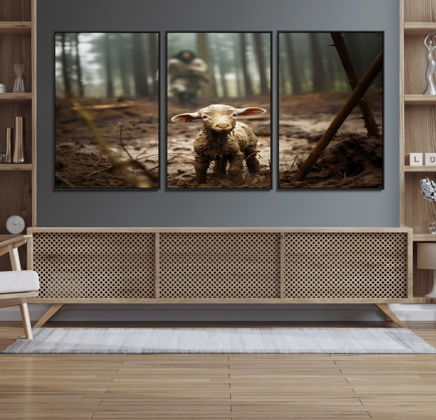 49996-MGV-CV-36X24-Jesus Lost Lamb Canvas Wall Art – Heartwarming Woodland Scene – Ready to Hang - Christian Religion