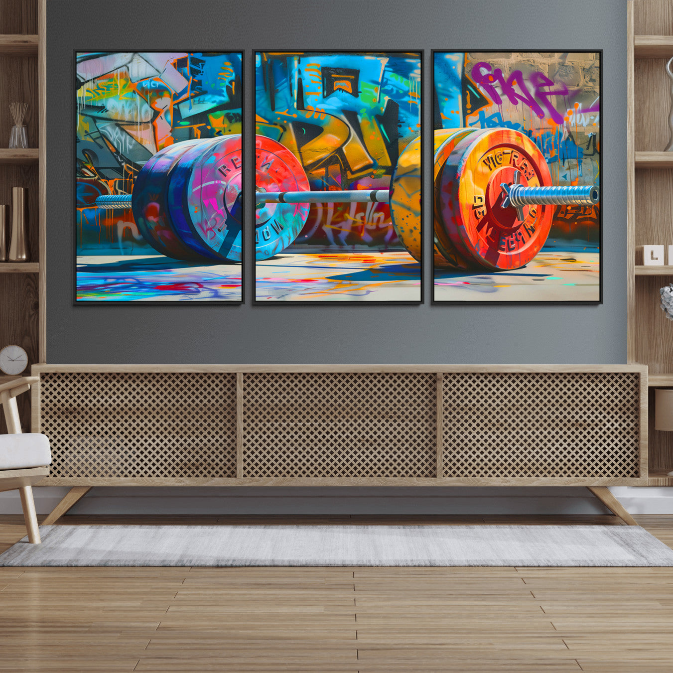 70871-MGV-FC-60X30-3P_Black-Fitness Gym Barbell Graffiti Wall Art Canvas Print