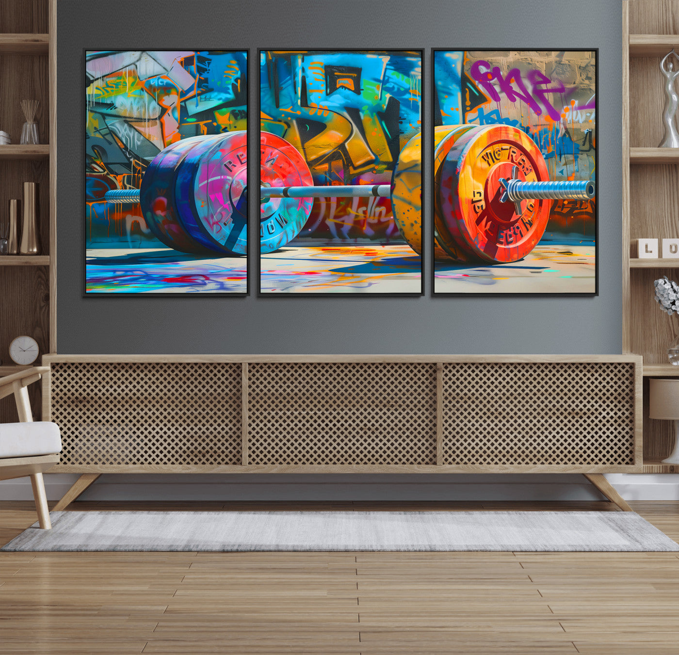 70871-MGV-FC-60X30-3P_Black-Fitness Gym Barbell Graffiti Wall Art Canvas Print