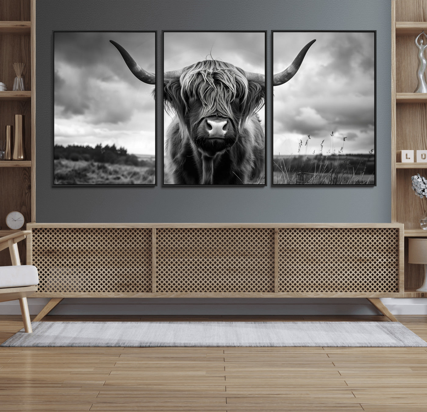 17924-MGV-FC-60X30-3P_Black-Scottish Cow Wall Art Canvas Print | Longhorn Wall Art | Bighorn Animal Wall Art