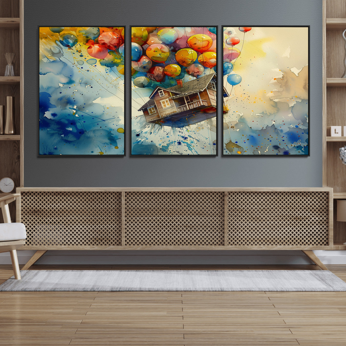 -UP-Inspired Floating House with Balloons Canvas Art – Colorful 3-Panel Wall Decor for Living Room,