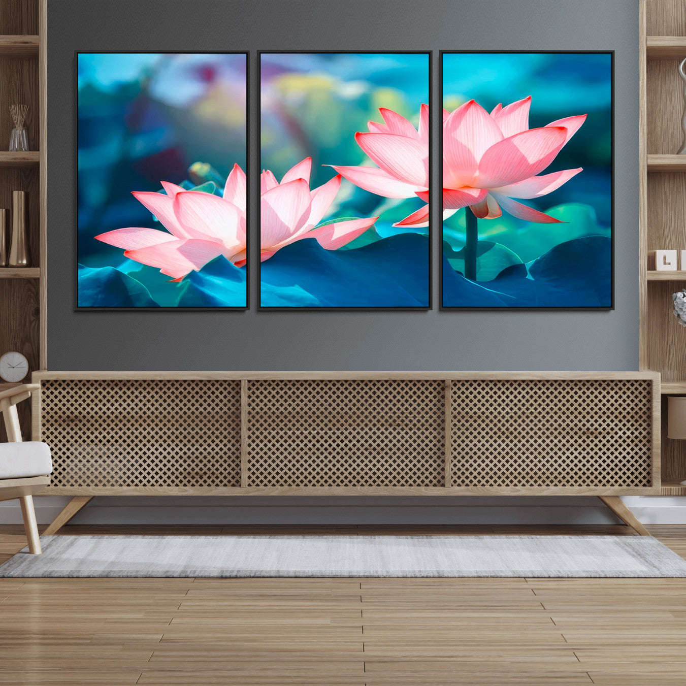 32559-MGV-FC-60X30-3P_Black-Pink Lotus Flower Canvas Wall Art | Vibrant Floral Wall Decor for Living Room, Office, or Bedroom |