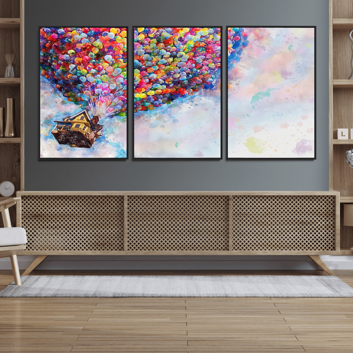 29167-MGV-FC-60X30-3P_Black-Don't Look Up Movie Canvas Wall Art - Vibrant Floating House and Balloons Scene, Tribute to Iconic