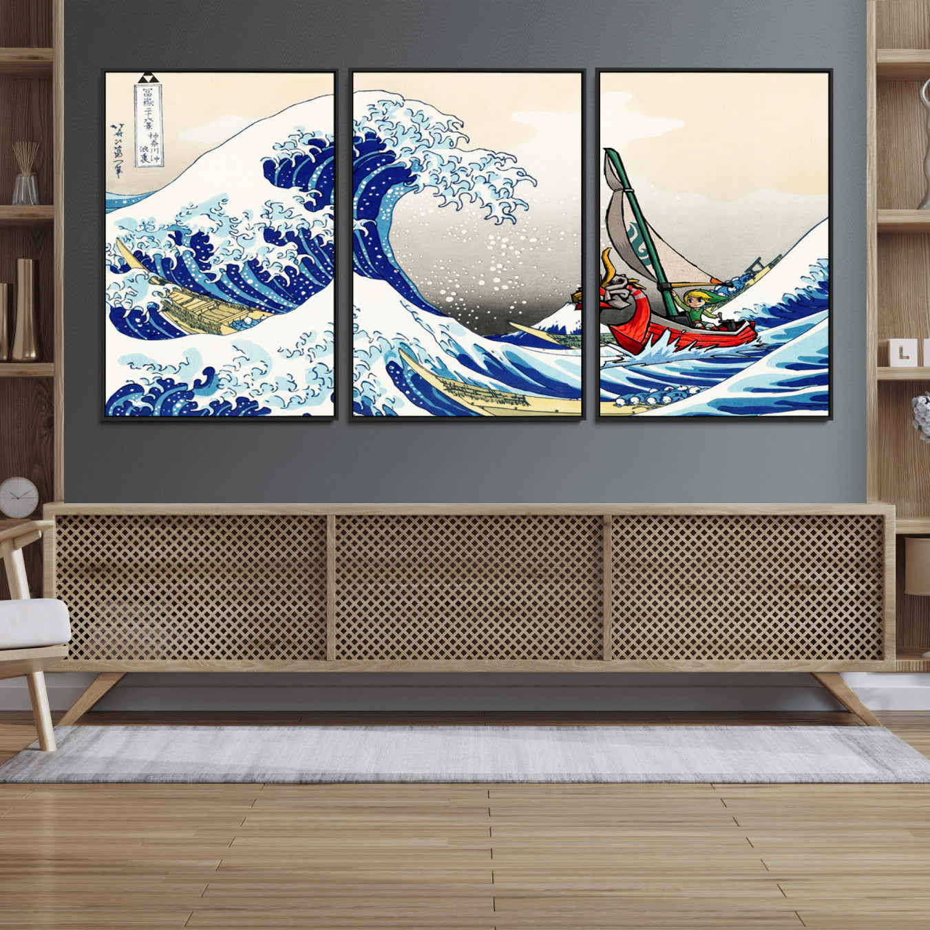 19450-MGV-FC-60X30-3P_Black-Katsushika Hokusai Kanagawa Giant Wave Wall Art Canvas Print | Iconic Japanese Art for Living Room