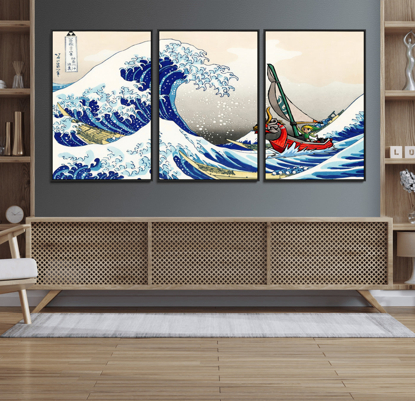 19450-MGV-FC-60X30-3P_Black-Katsushika Hokusai Kanagawa Giant Wave Wall Art Canvas Print | Iconic Japanese Art for Living Room