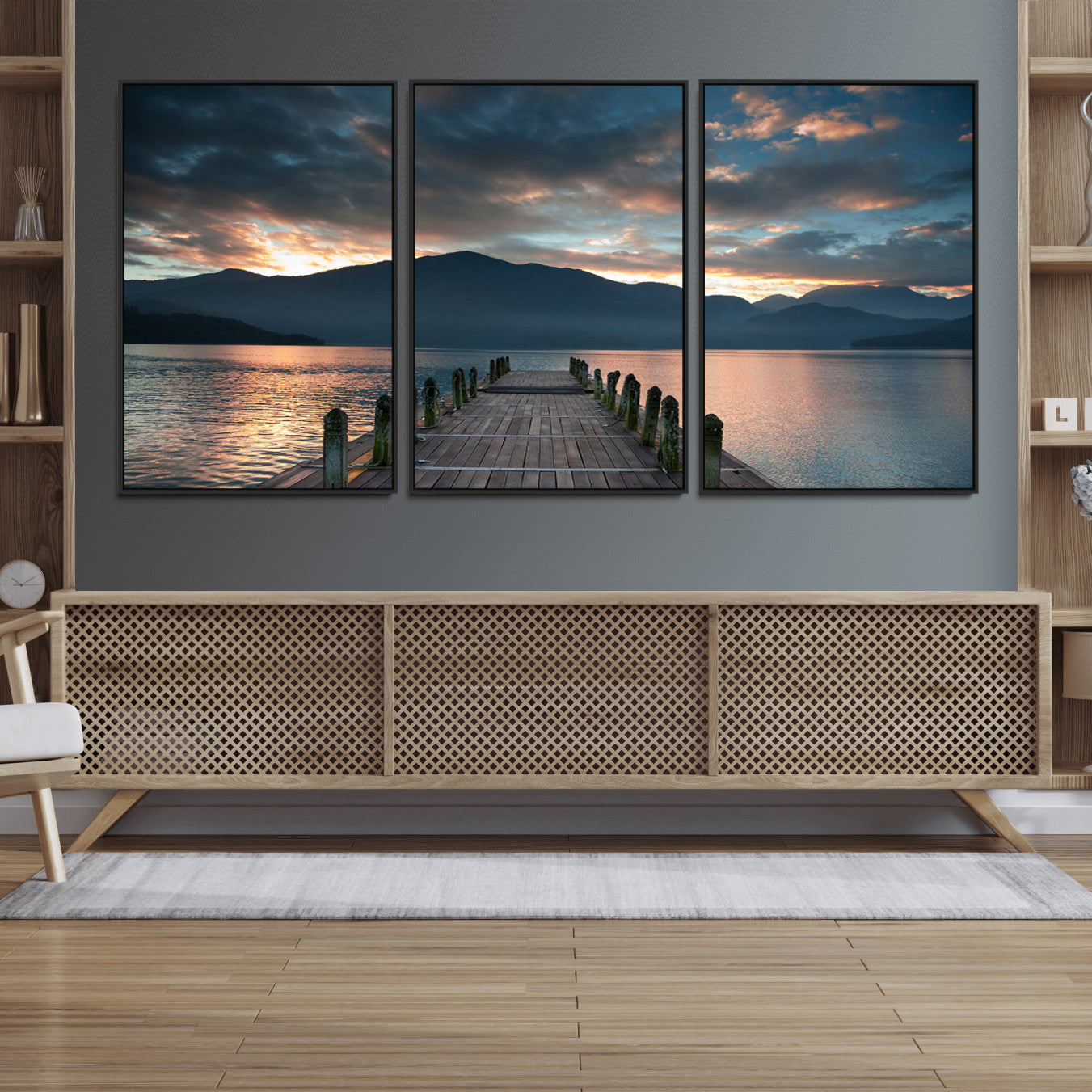 20442-MGV-FC-60X30-3P_Black-Mountain Lake Wood Pier Canvas Wall Art Nature Lake Print