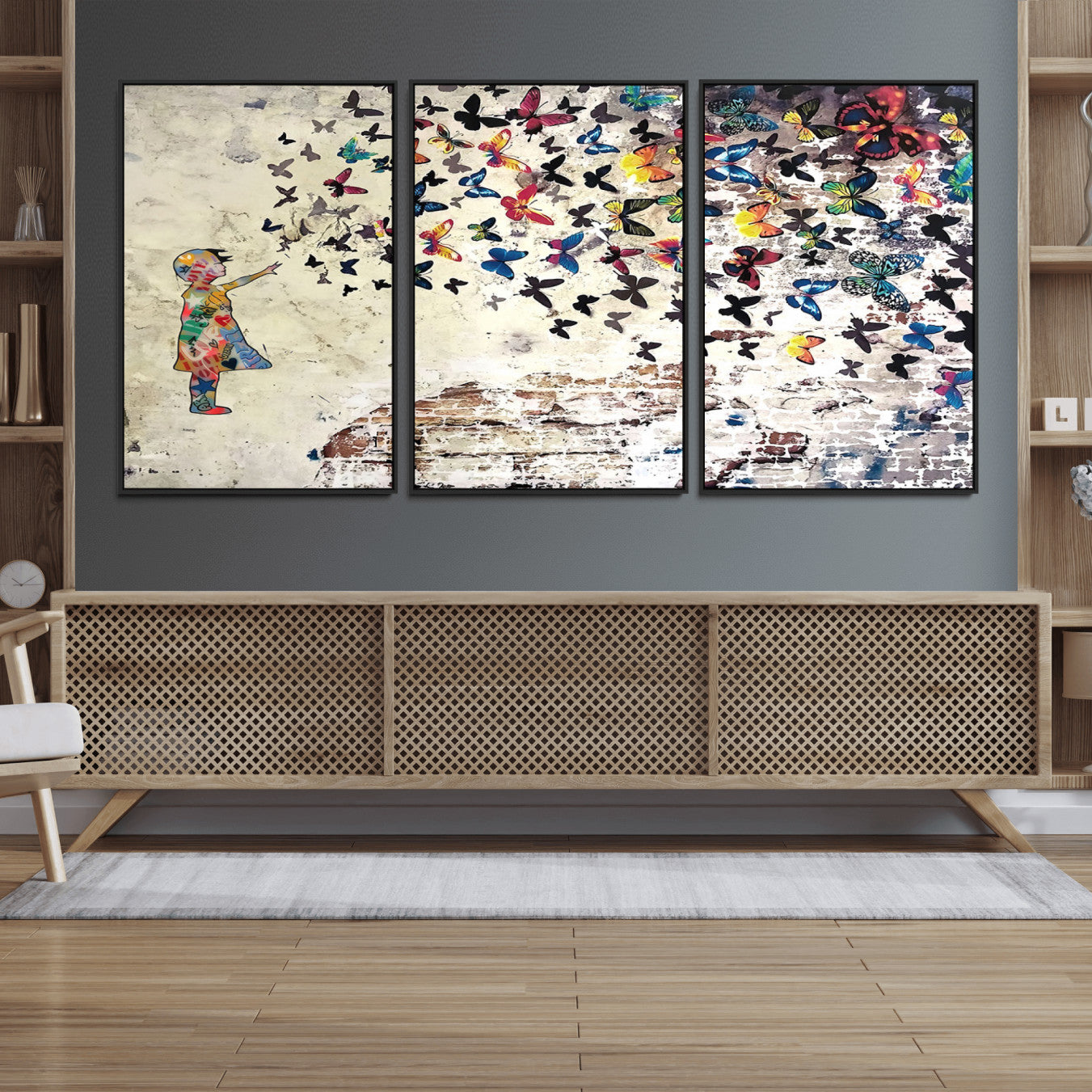 65208-MGV-FC-60X30-3P_Black-Banksy Wall Art - Banksy Girl Butterfly Graffiti Wall Art Canvas Print - Butterfly Girl and Freedom